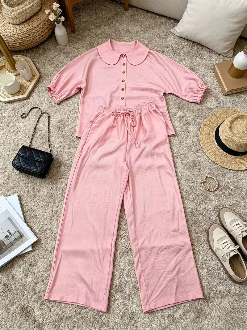 Women's Peter Pan Collar 2-Piece Co-Ord Set | Elegant Shirt & Wide-Leg Pants