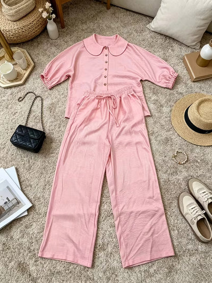Women's Peter Pan Collar 2-Piece Co-Ord Set | Elegant Shirt & Wide-Leg Pants