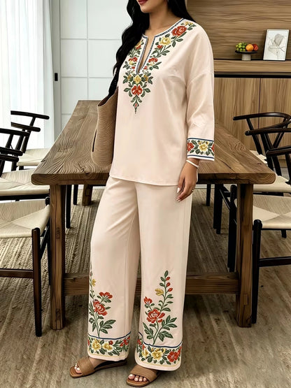 Women's Vintage Floral V-Neck Co-Ord Set with Relaxed Wide-Leg Pants