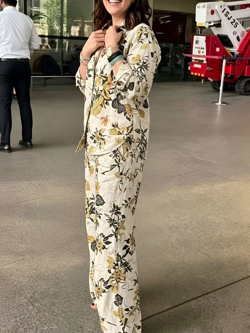 Women's Vintage Floral 2-Piece Co-Ord Set | Botanical Shirt & Straight-Leg Pants