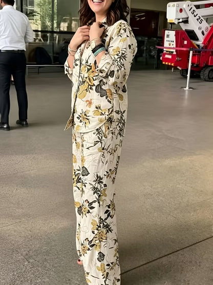 Women's Vintage Floral 2-Piece Co-Ord Set | Botanical Shirt & Straight-Leg Pants