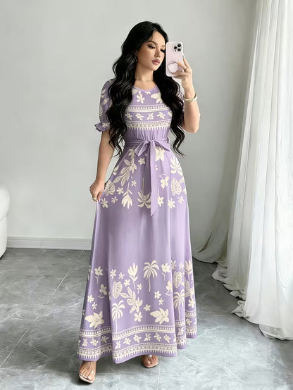 Women's Printed Belted Maxi Dress | Elegant Puff Sleeve Summer Dress