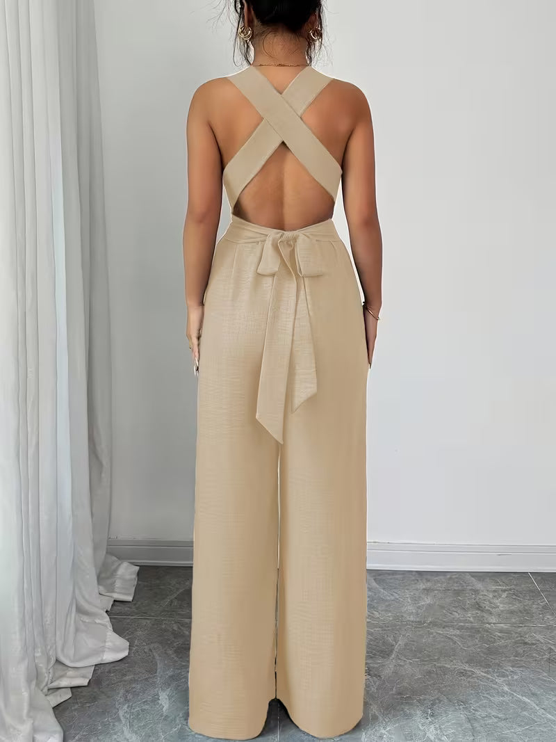 Elegant Cross-Back Wide Leg Jumpsuit for Women – Sleeveless Backless Casual Party Romper