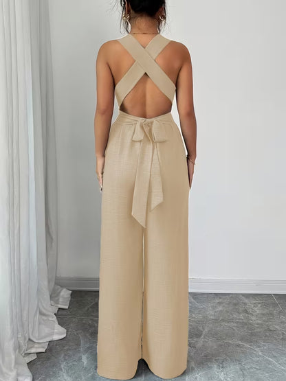 Elegant Cross-Back Wide Leg Jumpsuit for Women – Sleeveless Backless Casual Party Romper