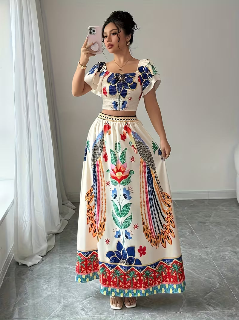 Women's Premium Printed Crop Top & Maxi Skirt Set