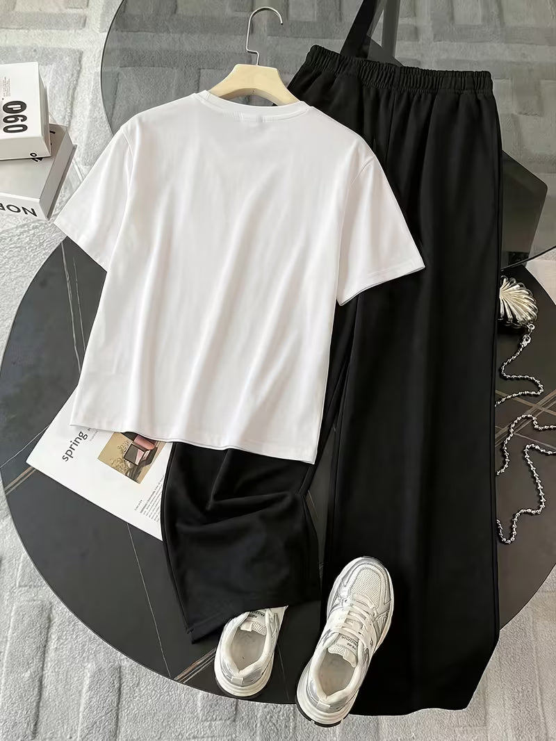 Women's Summer Bear Print Lounge Set – Soft Oversized T-Shirt with Drawstring Pants