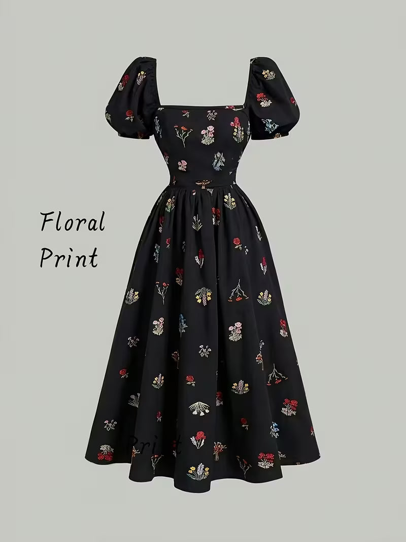 Women's Vintage Floral Puff Sleeve Midi Dress