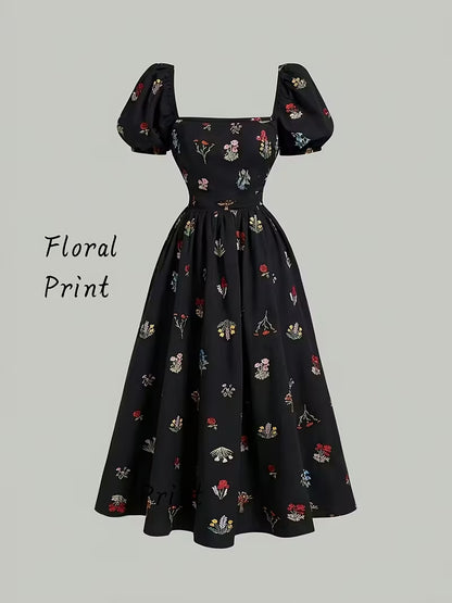 Women's Vintage Floral Puff Sleeve Midi Dress