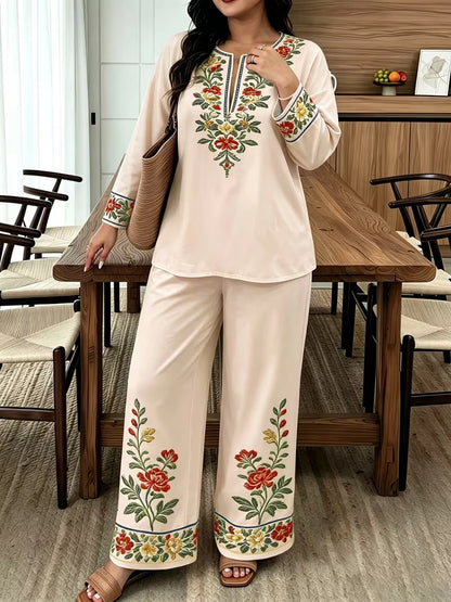 Women's Vintage Floral V-Neck Co-Ord Set with Relaxed Wide-Leg Pants
