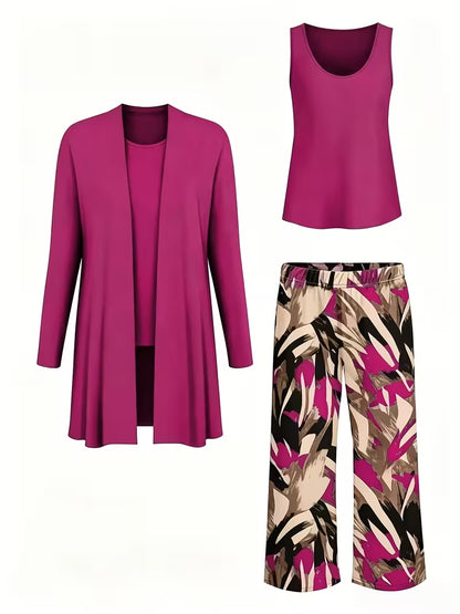 Women's 3-Piece Printed Co-Ord Set | Cardigan, Tank Top & Wide-Leg Pants