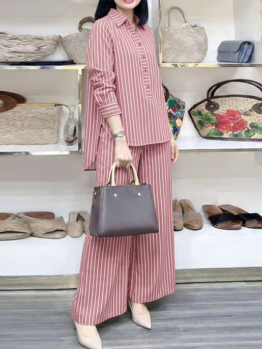 Women's Striped 2-Piece Co-Ord Set | Long Sleeve Shirt & Straight Pants