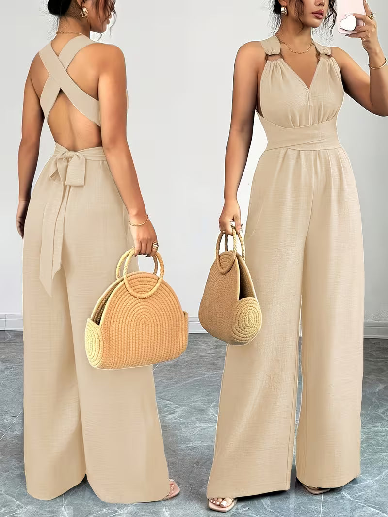 Elegant Cross-Back Wide Leg Jumpsuit for Women – Sleeveless Backless Casual Party Romper