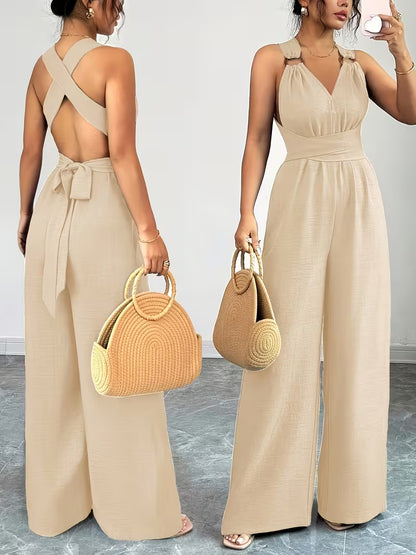 Elegant Cross-Back Wide Leg Jumpsuit for Women – Sleeveless Backless Casual Party Romper