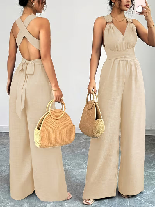 Elegant Cross-Back Wide Leg Jumpsuit for Women – Sleeveless Backless Casual Party Romper