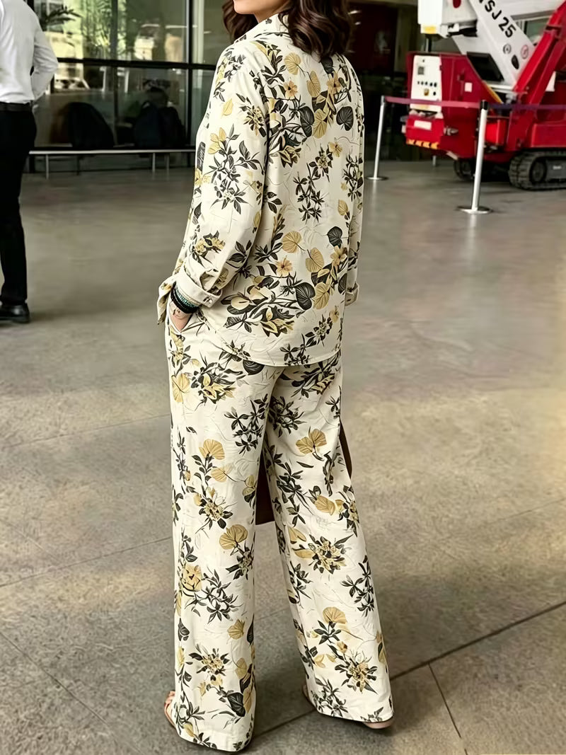 Women's Vintage Floral 2-Piece Co-Ord Set | Botanical Shirt & Straight-Leg Pants