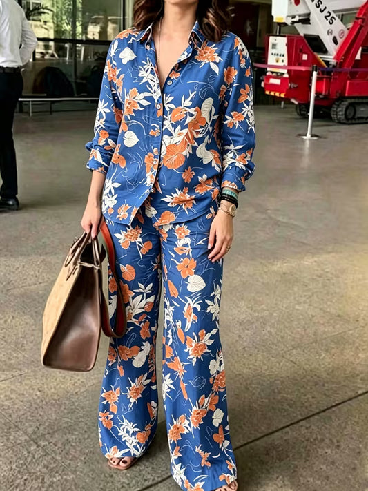 Women's Vintage Floral 2-Piece Co-Ord Set | Botanical Shirt & Straight-Leg Pants