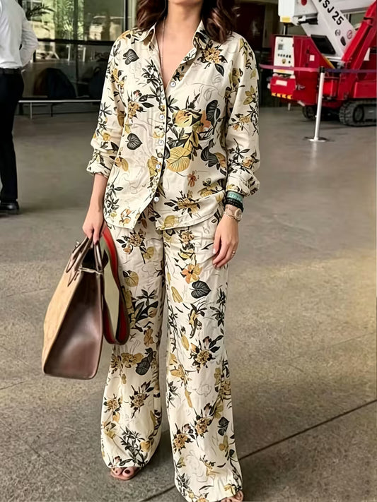 Women's Vintage Floral 2-Piece Co-Ord Set | Botanical Shirt & Straight-Leg Pants