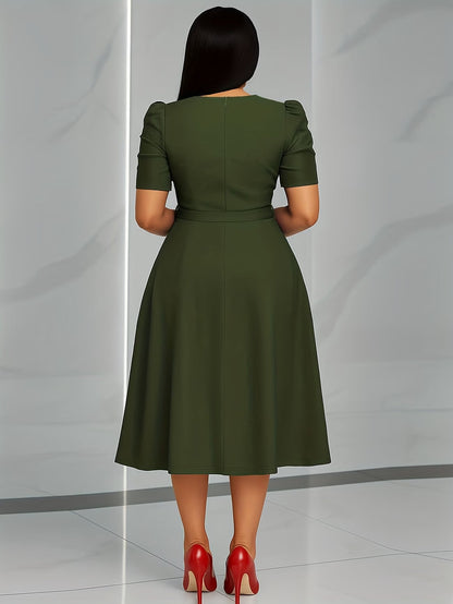 Women's Elegant V-Neck Ruffle Midi Dress with Waist Belt