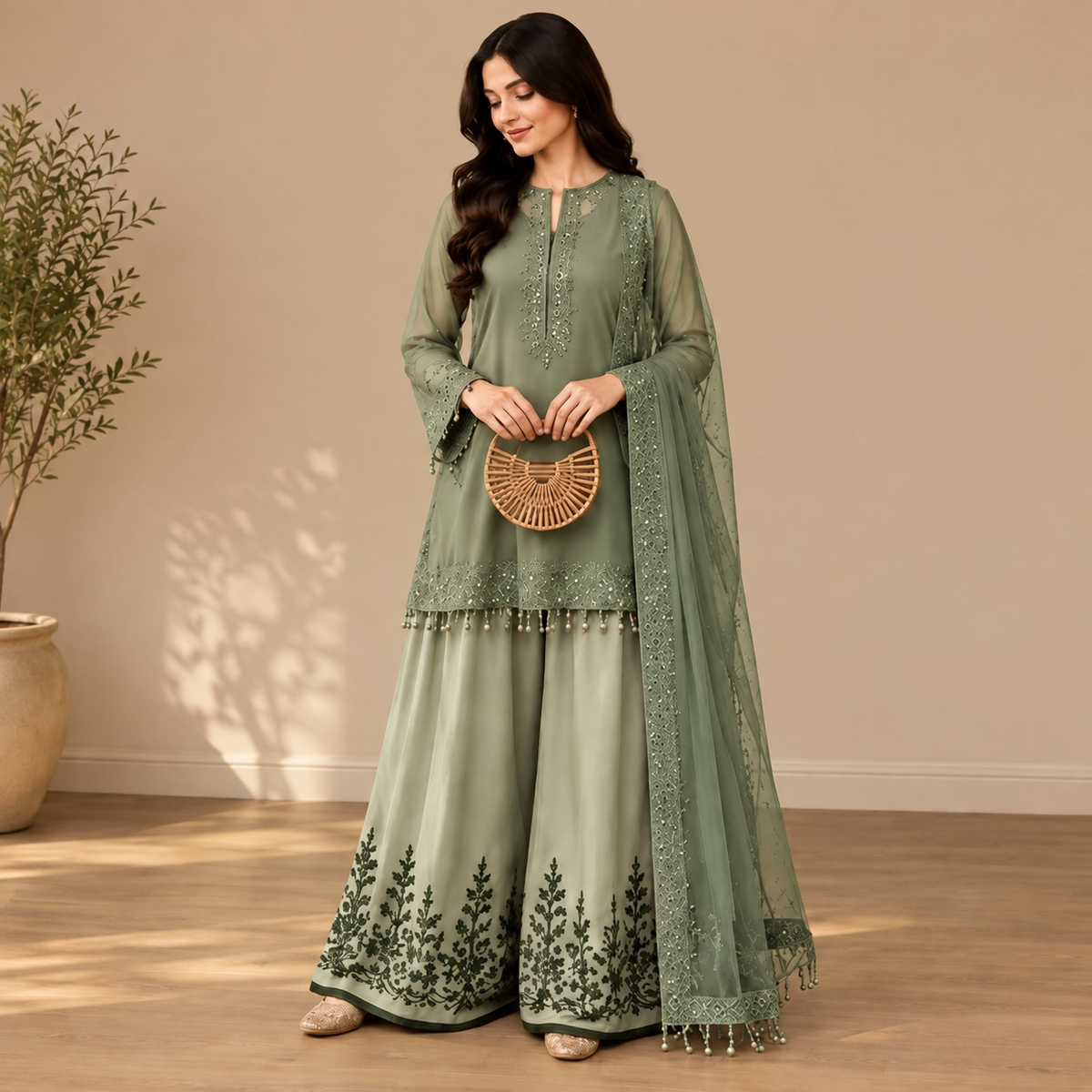 Women’s Embroidered Kurta Palazzo & Dupatta Set