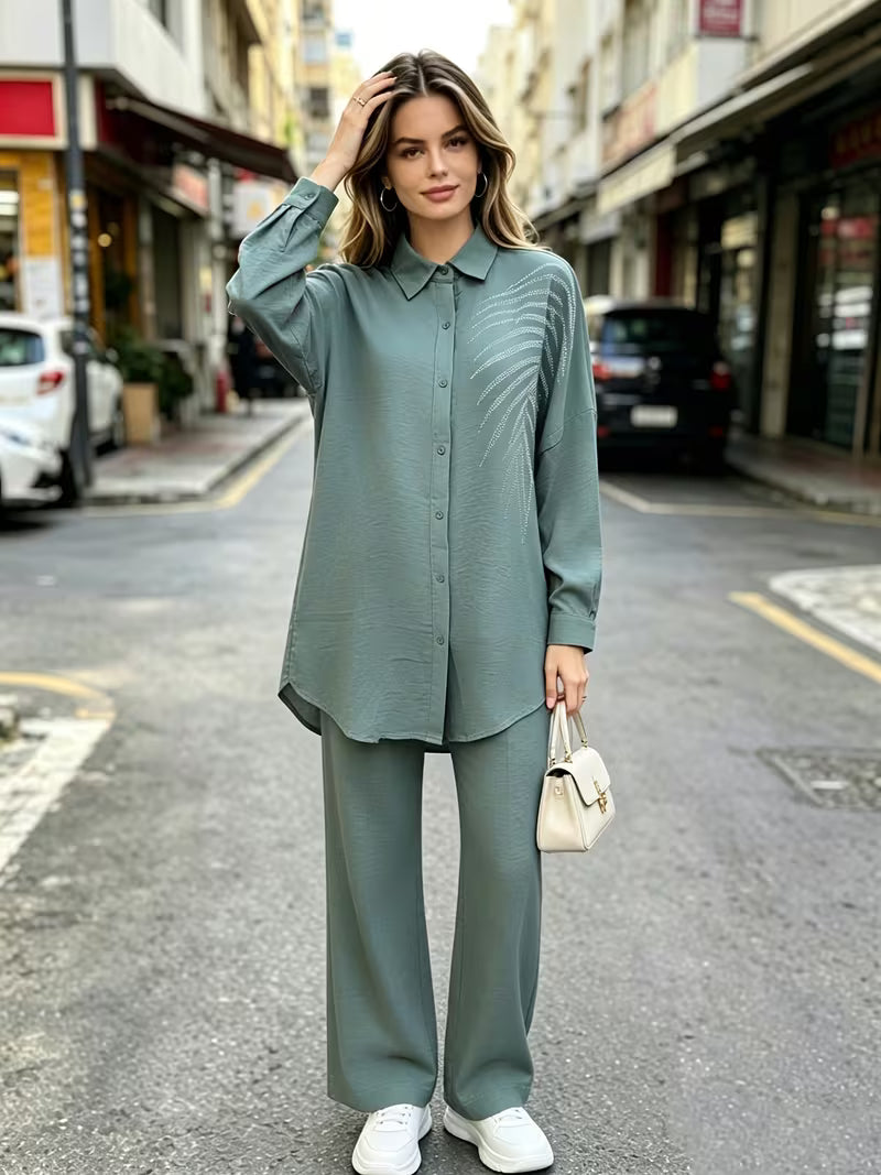 Women's Rhinestone Detail Shirt & Pants Set