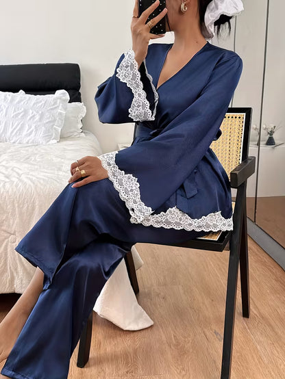 Elegant Lace Trim Robe & Pajama Set