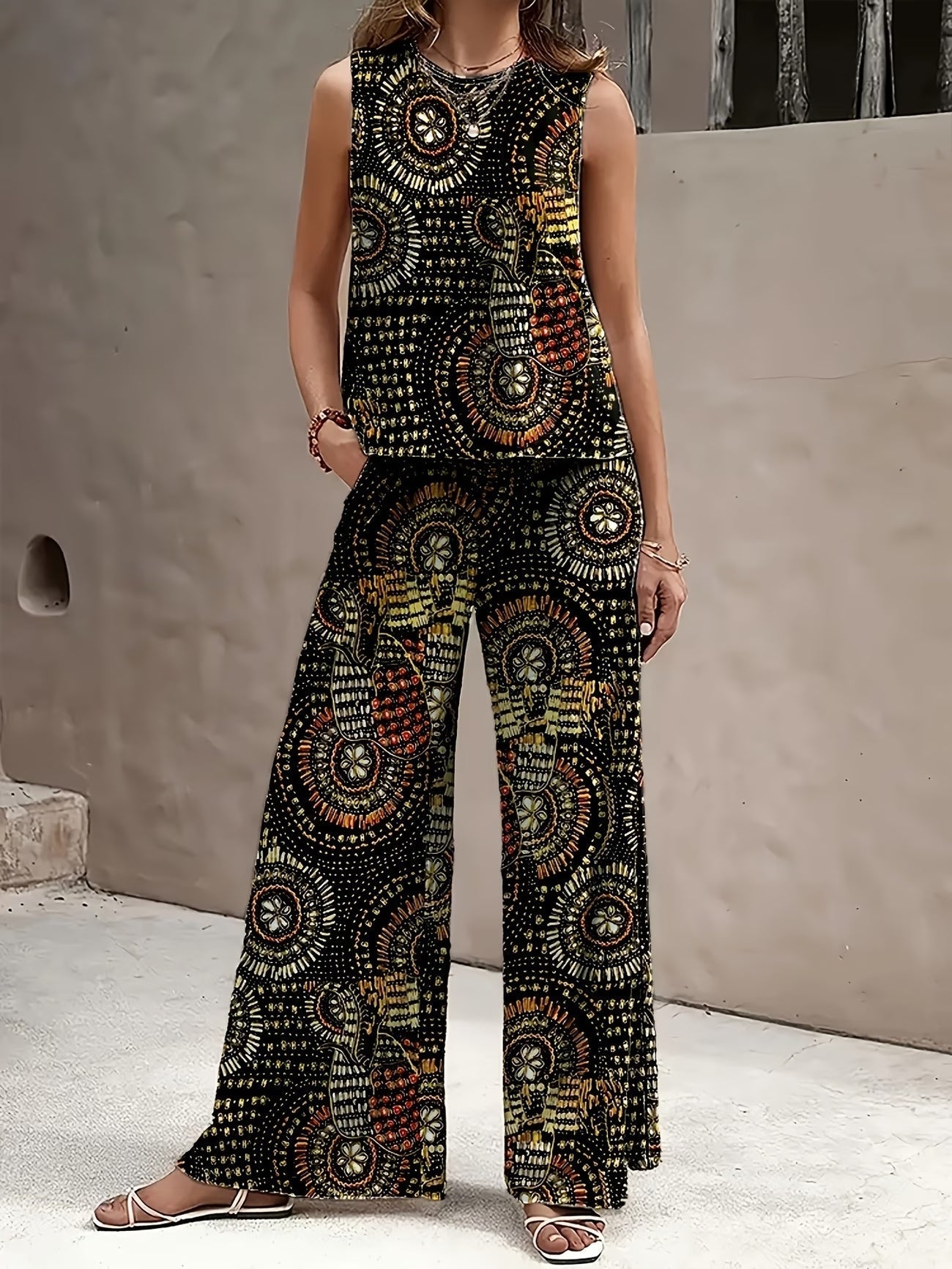 Chic Polka Dot Two-Piece Set – Stylish Top & Printed Pants Outfit for Women