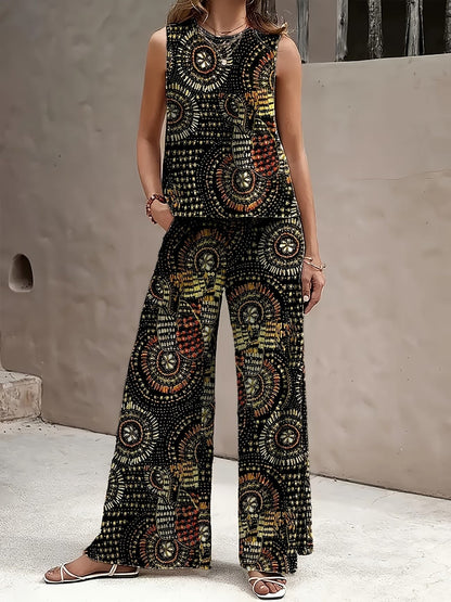 Chic Polka Dot Two-Piece Set – Stylish Top & Printed Pants Outfit for Women