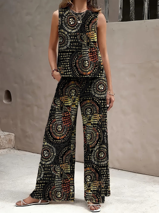 Chic Polka Dot Two-Piece Set – Stylish Top & Printed Pants Outfit for Women