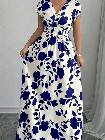 Elegant Floral Maxi Dress – V-Neck A-Line Flowing Dress with Cinched Waist for Women