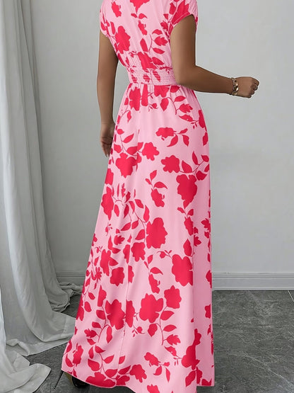 Elegant Floral Maxi Dress – V-Neck A-Line Flowing Dress with Cinched Waist for Women