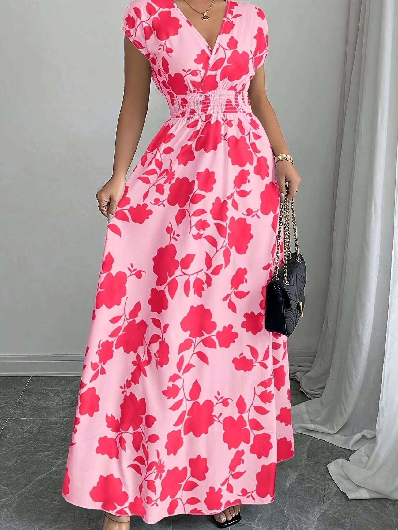 Elegant Floral Maxi Dress – V-Neck A-Line Flowing Dress with Cinched Waist for Women