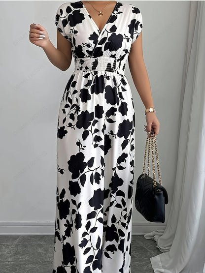 Elegant Floral Maxi Dress – V-Neck A-Line Flowing Dress with Cinched Waist for Women