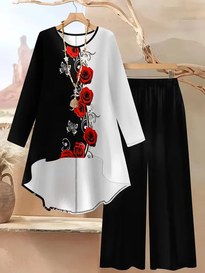 Plus Size Floral Long-Sleeve Co-Ord Set – Elegant Round Neck Outfit