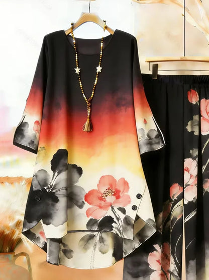 Plus Size Floral Long-Sleeve Co-Ord Set – Elegant Round Neck Outfit