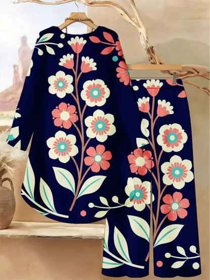 Plus Size Floral Long-Sleeve Co-Ord Set – Elegant Round Neck Outfit