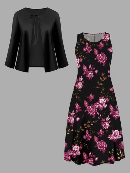 Women’s Floral Dress Set with Cardigan – Casual Elegant Wear