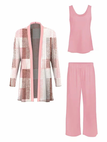 Floral Embroidered 3 Piece Linen Co-ord Set for Women — Jacket Vest and Wide Leg Pants