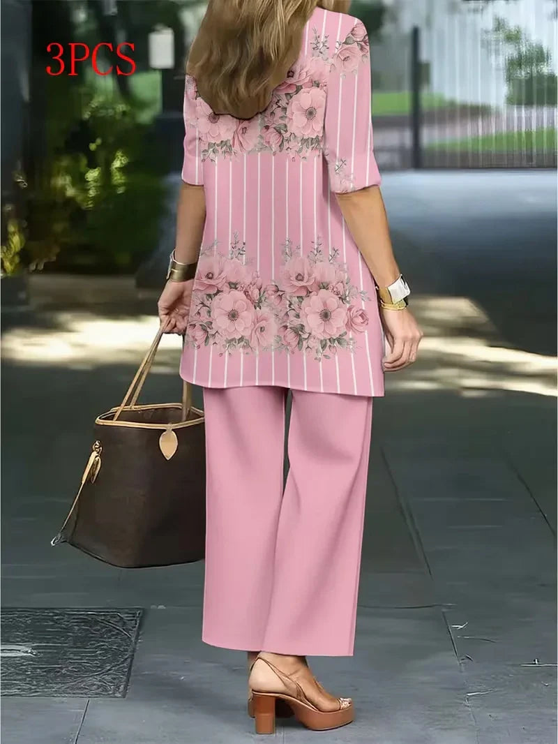 Floral Embroidered 3 Piece Linen Co-ord Set for Women — Jacket Vest and Wide Leg Pants