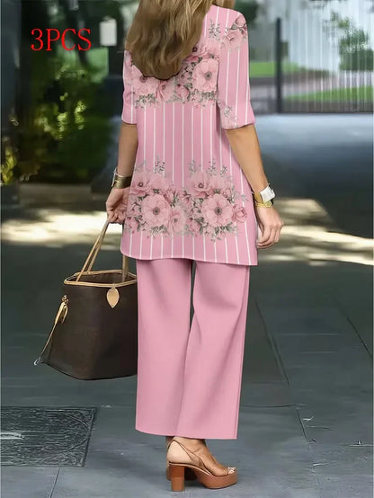 Floral Embroidered 3 Piece Linen Co-ord Set for Women — Jacket Vest and Wide Leg Pants
