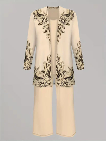 Floral Embroidered 3 Piece Linen Co-ord Set for Women — Jacket Vest and Wide Leg Pants