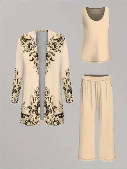 Floral Embroidered 3 Piece Linen Co-ord Set for Women — Jacket Vest and Wide Leg Pants