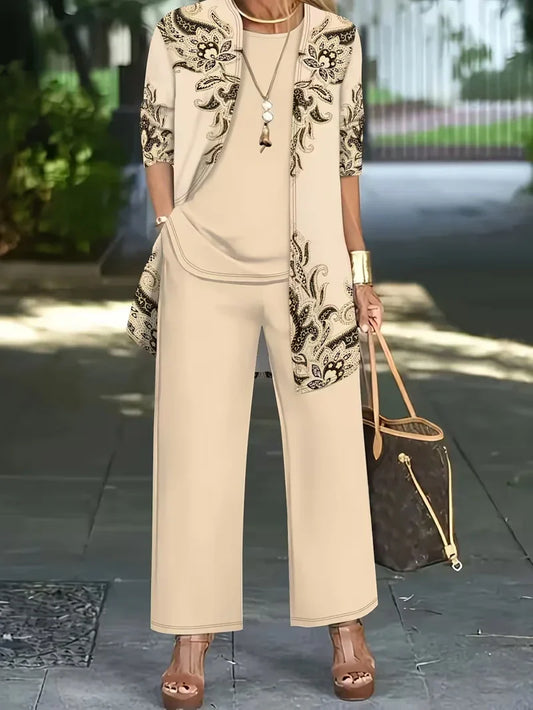 Floral Embroidered 3 Piece Linen Co-ord Set for Women — Jacket Vest and Wide Leg Pants