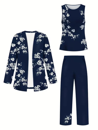 Floral Embroidered 3 Piece Linen Co-ord Set for Women — Jacket Vest and Wide Leg Pants