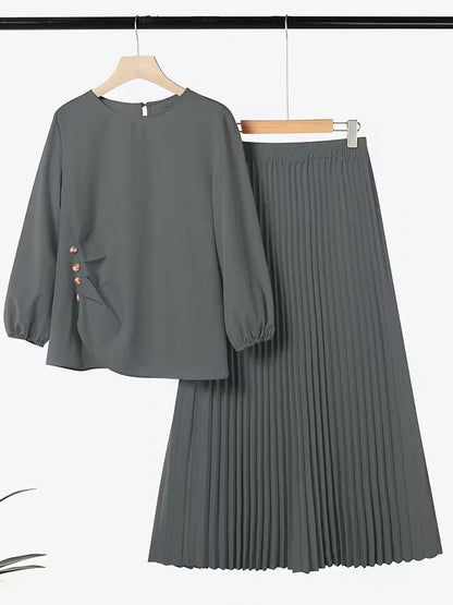 Effortless Everyday Elegance — Ruffle Blouse and Pleated Skirt Coord Set for Women