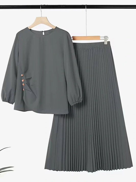 Effortless Everyday Elegance — Ruffle Blouse and Pleated Skirt Coord Set for Women