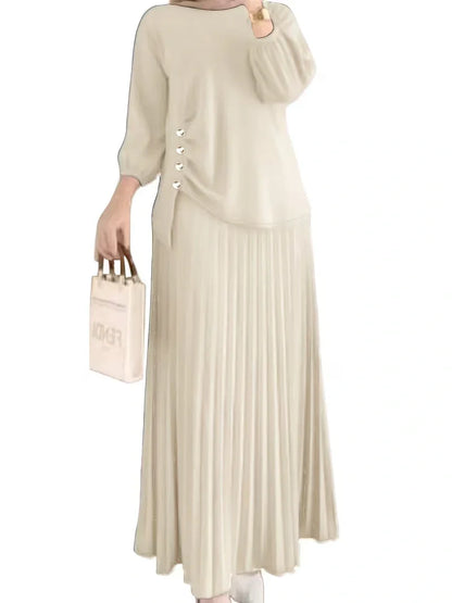 Effortless Everyday Elegance — Ruffle Blouse and Pleated Skirt Coord Set for Women