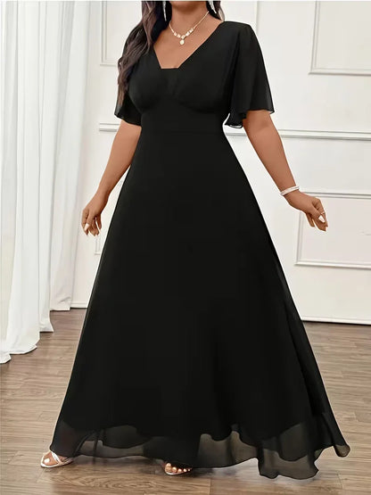 Flowy Flutter Sleeve Maxi Dress for Women — Elegant Plus Size Evening Gown