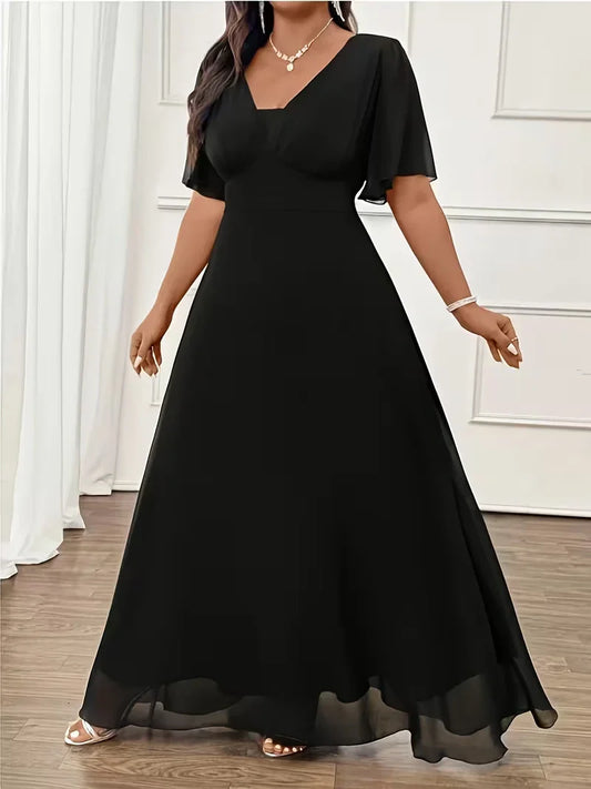Flowy Flutter Sleeve Maxi Dress for Women — Elegant Plus Size Evening Gown