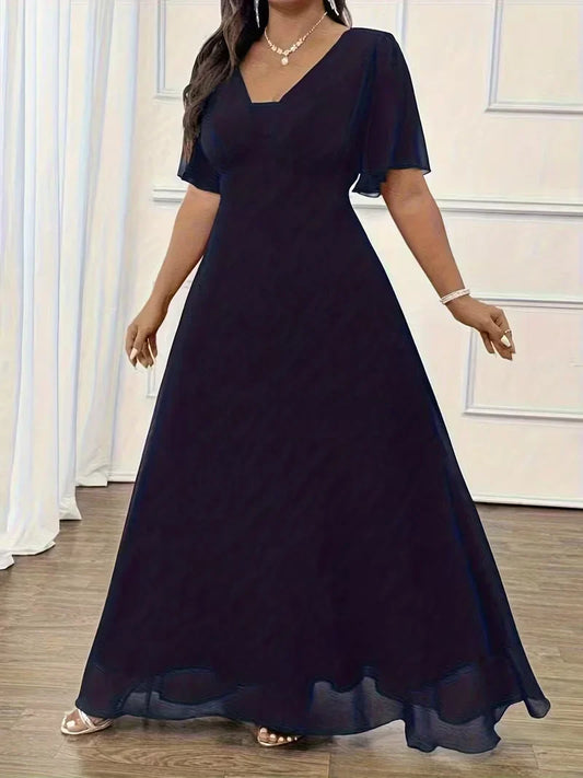 Flowy Flutter Sleeve Maxi Dress for Women — Elegant Plus Size Evening Gown