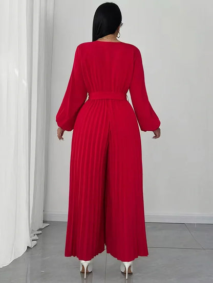 V Neck Belted Wide Leg Jumpsuit for Women — Plus Size Long Sleeve Pleated Palazzo Jumpsuit